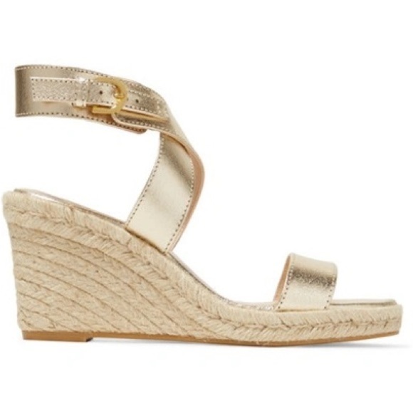 Stuart Weitzman Lexia Gold Metallic Textured-Leather Espadrille Wedge Sandals 8 - Picture 2 of 12